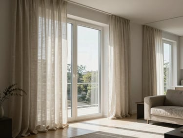A modern, sun-drenched home interior in Odessa, featuring large windows with soft linen curtains, natural light illuminating a clean, minimalist living space.
