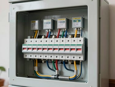 A newly installed, pristine residential distribution board with perfectly organized wiring and clear safety switches