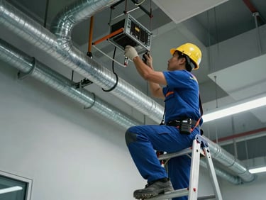 Commercial electrical maintenance in a modern Dubai office, technician checking ceiling conduits safely on a ladder