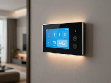 Sleek smart home touch panel mounted on a modern wall, controlling ambient lighting, elegant residential interior