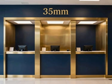 Elegant upscale currency exchange branch interior, deep navy and brushed gold tones, professional corporate setting, sharp lighting, 35mm