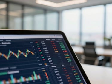 Close-up of a digital financial tablet showing currency charts and market analysis, corporate office background, soft executive daylight, 35mm