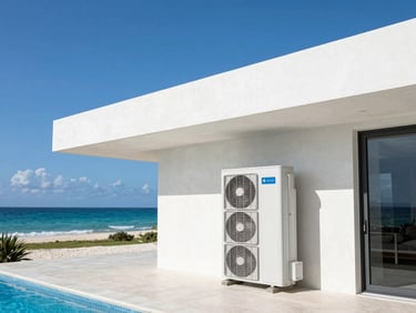High-end architectural photography of a luxurious coastal villa in Riviera Maya, showcasing modern outdoor air conditioning units integrated seamlessly into clean concrete lines, bright daylight, sharp focus.