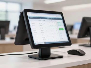 Modern point of sale terminal screen displaying clean sales charts on a retail counter, soft background blur, professional tech aesthetic