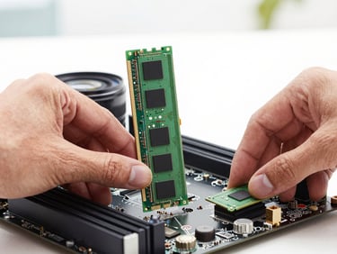 Close up of hands installing high-speed RAM memory into a clean computer motherboard, bright natural studio lighting, professional tech aesthetic
