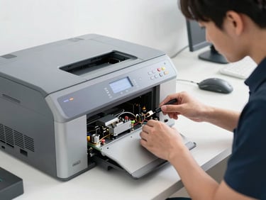 Professional technician repairing a laser printer mechanism on a clean white workbench, crisp details, bright natural studio light
