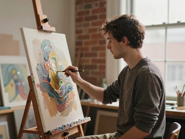 Medium environmental portrait of an artist working at a wooden easel in a warm Bankstown studio, soft natural side-light from a large window illuminating rich oil paint textures on canvas, historic brickwork in the soft-focus background.