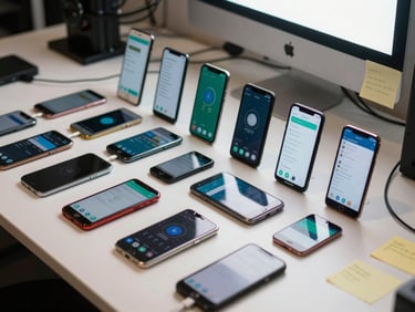 Wide shot of a studio work table covered with a row of Android phones of various sizes and brands all showing app testing screens, overhead diffused light, cables and sticky notes visible at edges, unsentimental documentation feel