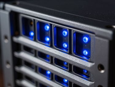Extreme macro shot of high-end server rack hardware, glowing royal blue indicator lights, sharp metallic edges, low-key dramatic lighting.