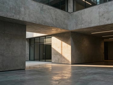 Ultra-wide cinematic shot of a minimalist concrete corporate atrium, stark shadows, warm golden light reflecting from a single glass panel.