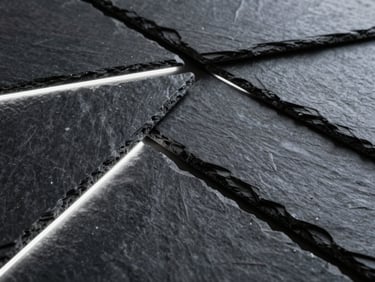 Abstract 3D architectural form of interlocking dark slate tiles, sharp angles, cool white rim lighting, minimalist composition.
