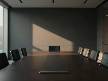 Stark cinematic view of a minimalist corporate boardroom in dark charcoal tones, sharp architectural shadows, soft golden ambient light