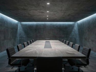 Ultra-wide cinematic shot of a minimalist concrete boardroom, dramatic low-key lighting with cool blue rim lights, expansive negative space