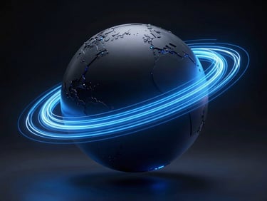 Sophisticated 3D data visualization of complex glowing light trails flowing around a dark monolithic sphere, royal blue accents.