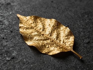 Macro photograph of gold leaf texture pressed into dark charcoal concrete, high contrast, dramatic side lighting.