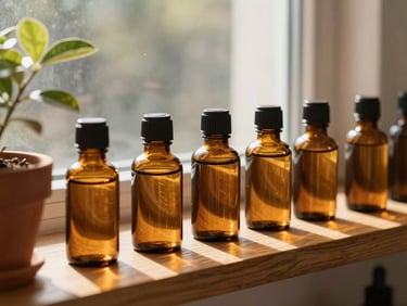 Amber glass apothecary bottles arranged on a wooden shelf under warm golden hour sunlight streaming through a window