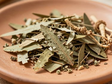 Close-up of raw herbal textures, crushed leaves and roots on a terracotta plate, bright natural Miami sunlight, shallow depth of field