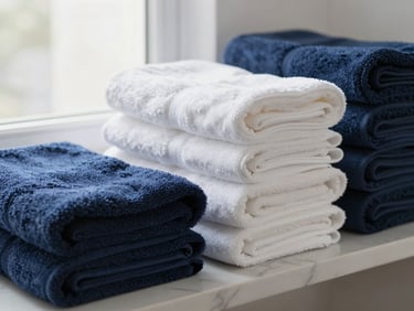 Stack of neatly folded white and navy blue luxury bath towels on a clean marble shelf, soft natural window light, crisp whites and deep navy tones, shallow depth of field, 35mm