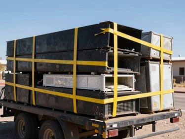 A flatbed trailer loaded with scrap metal and old appliances, secured with heavy yellow straps, bright Arizona sun, sharp focus