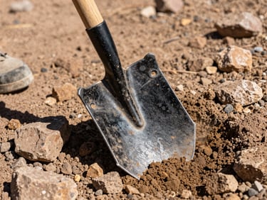 Close-up of a heavy steel shovel digging into rocky dry soil, dust rising in the bright sun, rugged outdoor work