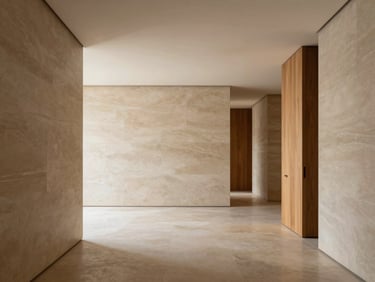 Minimalist architectural interior of the Los Angeles studio, raw stone surfaces, warm oak details, soft gallery lighting