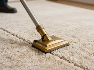 Close-up of a professional carpet cleaner using a brass extraction wand on a plush cream-coloured rug, showing a distinct clean line.
