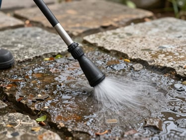A high-pressure washer cleaning weathered stone flags on a patio, revealing the rich restored texture of the damp stone.