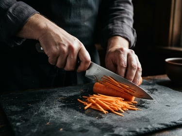 Macro close-up of a chef's hands executing a precise julienne cut on raw root vegetables, sharp knife blade catching dramatic side-lit window light, dark slate background, rich textures, 35mm.