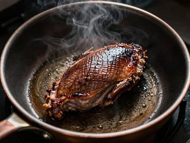 Overhead view of a copper pan searing a duck breast, steam rising dramatically, dark moody lighting, high contrast, 35mm