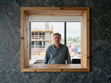 Portrait of a practical operations lead, late-40s, in a modern office setting with a construction site visible in the background through a window, natural daylight, industrial slate and warm wood tones, sharp focus, architectural framing, 35mm.