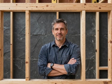 Portrait of a confident male construction advisor, mid-50s, in a professional but approachable setting, natural daylight, industrial slate and warm wood tones, sharp focus, architectural framing, 35mm.