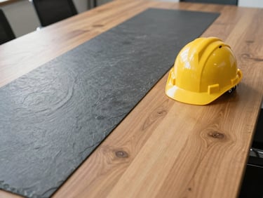 Boardroom table with hard hats resting on one end, indicating field-to-office environment, natural daylight, industrial slate and warm wood tones, sharp focus, architectural framing, 35mm