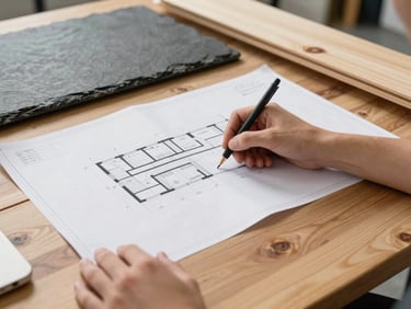 Estimator analyzing blueprints on a large desk, natural daylight, industrial slate and warm wood tones, sharp focus, architectural framing, 35mm