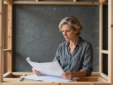 Portrait of a focused female senior estimator, mid-40s, reviewing blueprints with a pen, natural daylight, industrial slate and warm wood tones, sharp focus, architectural framing, 35mm.