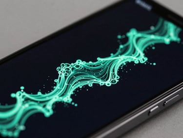 Macro shot of a high-end mobile screen showing a fluid dynamics game, neon mint particles swirling on a deep black canvas, sharp focus