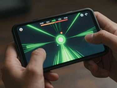 Extreme close-up of hands holding a Pixel device playing a high-speed physics-based puzzle game, neon green trails on screen, moody low-key lighting