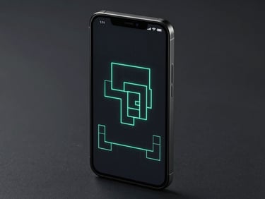 Isometric mockup of a black Pixel phone displaying a dark, minimalist vector physics puzzle game, glowing cyber-mint lines on screen, low-key lighting