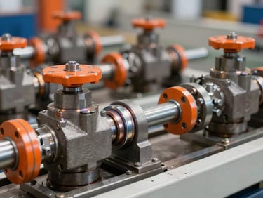 Crisp industrial close-up of heavy-duty steel welds and hydraulic valves on material handling equipment, sharp focus, metallic and safety orange accents
