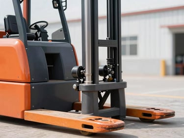 Crisp industrial photography of an electric pallet stacker mast and hydraulic cylinders, bright warehouse daylight, safety orange accents, sharp focus, 35mm