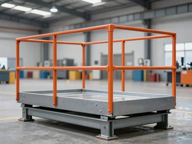 Crisp industrial photography of a heavy-duty steel goods lift platform in a factory, bright overhead lighting, clean metallic tones, sharp focus, 35mm