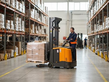 Crisp industrial photography of a heavy-duty electric pallet stacker in a modern warehouse, bright daylight, safety orange and clean metallic tones, sharp focus, 35mm