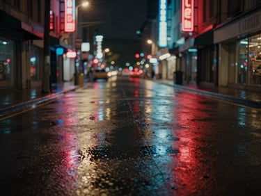 Cinematic wide shot of a wet city street at night, glowing red and blue neon signs reflecting on asphalt, anamorphic lens flare