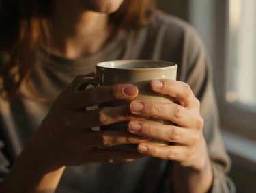 Moody golden hour close-up of hands holding a ceramic mug, warm organic tones, soft window light, shallow depth of field