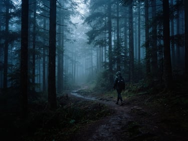 Cinematic 35mm anamorphic wide shot of a lone figure walking through a misty pine forest at twilight, cool blue tones, rich shadows, soft natural mist