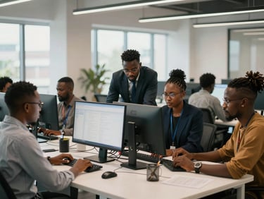 A collaborative team huddle in a modern, sunlit Accra tech hub, professional Ghanaian specialists working together on dual-monitor setups with clean, minimalist office design.