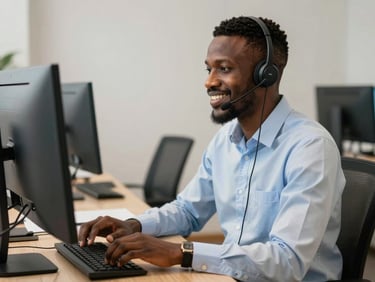 A professional Ghanaian customer support specialist with a headset, smiling while working at a clean desk with modern monitors in Accra.