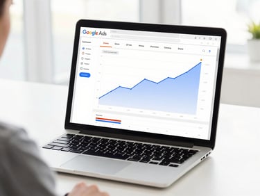 Over-the-shoulder shot of a clean modern laptop screen displaying real-time Google Ads dashboard with upward trend lines, bright high-key white background, natural office daylight