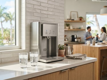 Sleek stainless steel water dispenser integrated into a modern sunlit office kitchen, condensation on clean glassware, bright Florida sunlight, 35mm lens