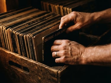 Macro close-up of hands flipping through vintage vinyl records in a wooden crate, warm tungsten side-lighting, rich dark tones with amber highlights, 35mm film grain.