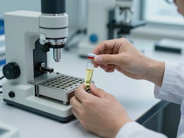 Lab technician's hands placing a sealed oil sample vial into a testing rack, clinical white surface, precise instruments in background, cool daylight through window
